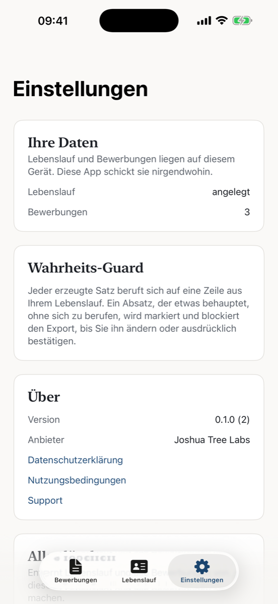 Einstellungen mit Hinweis zu den Daten auf dem Gerät