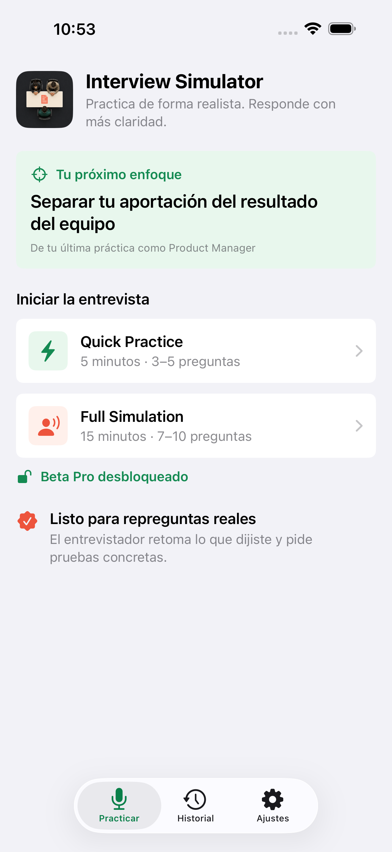 Pantalla de inicio de Interview Simulator