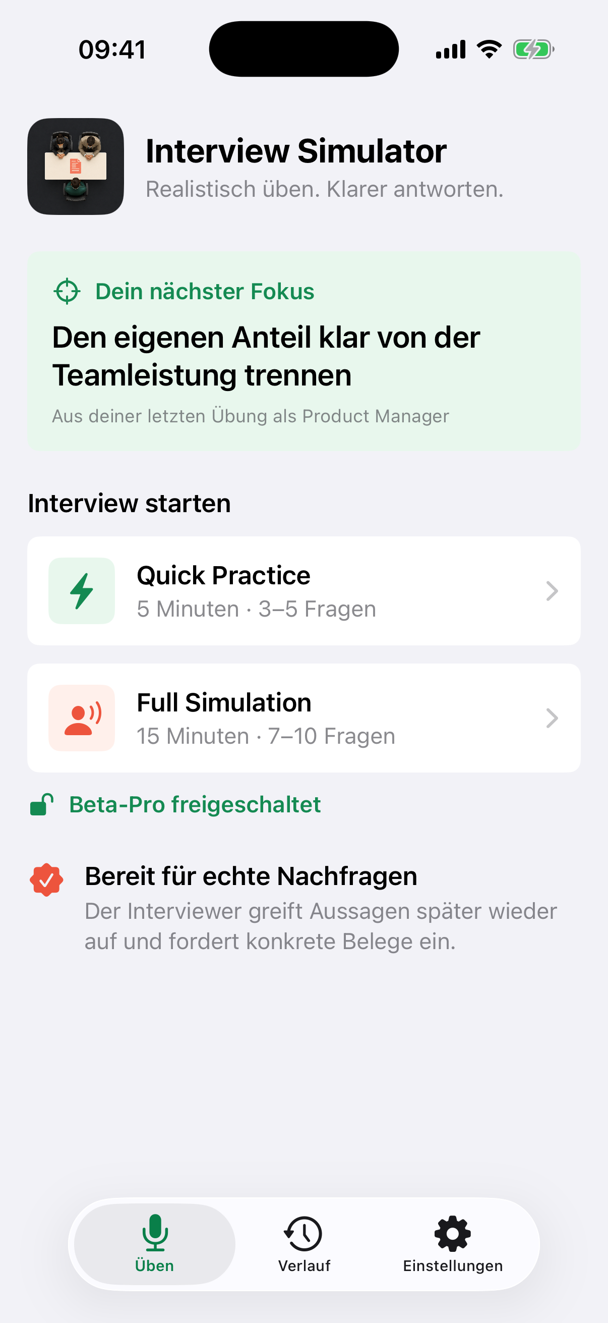 Startansicht des Interview Simulator