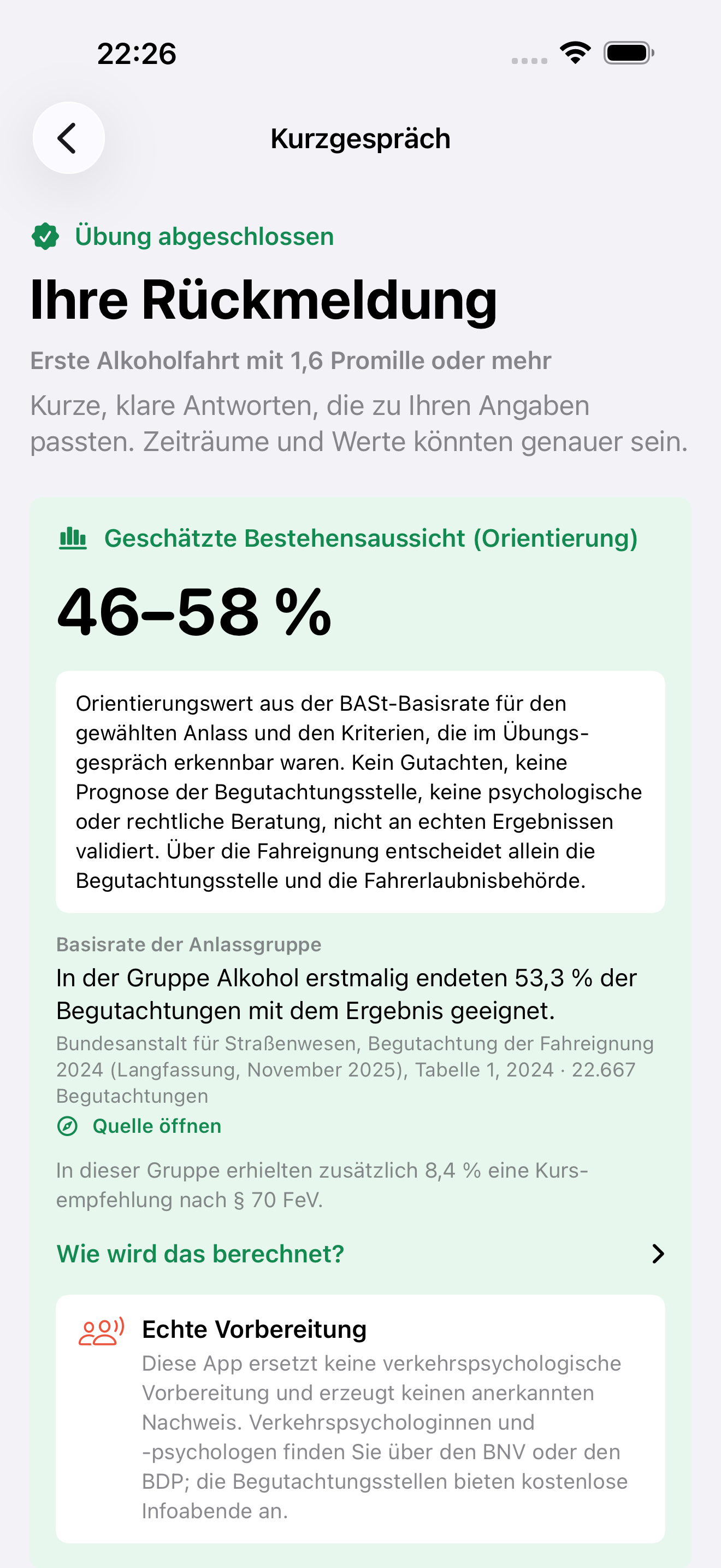 Rückmeldung mit geschätzter Bestehensaussicht