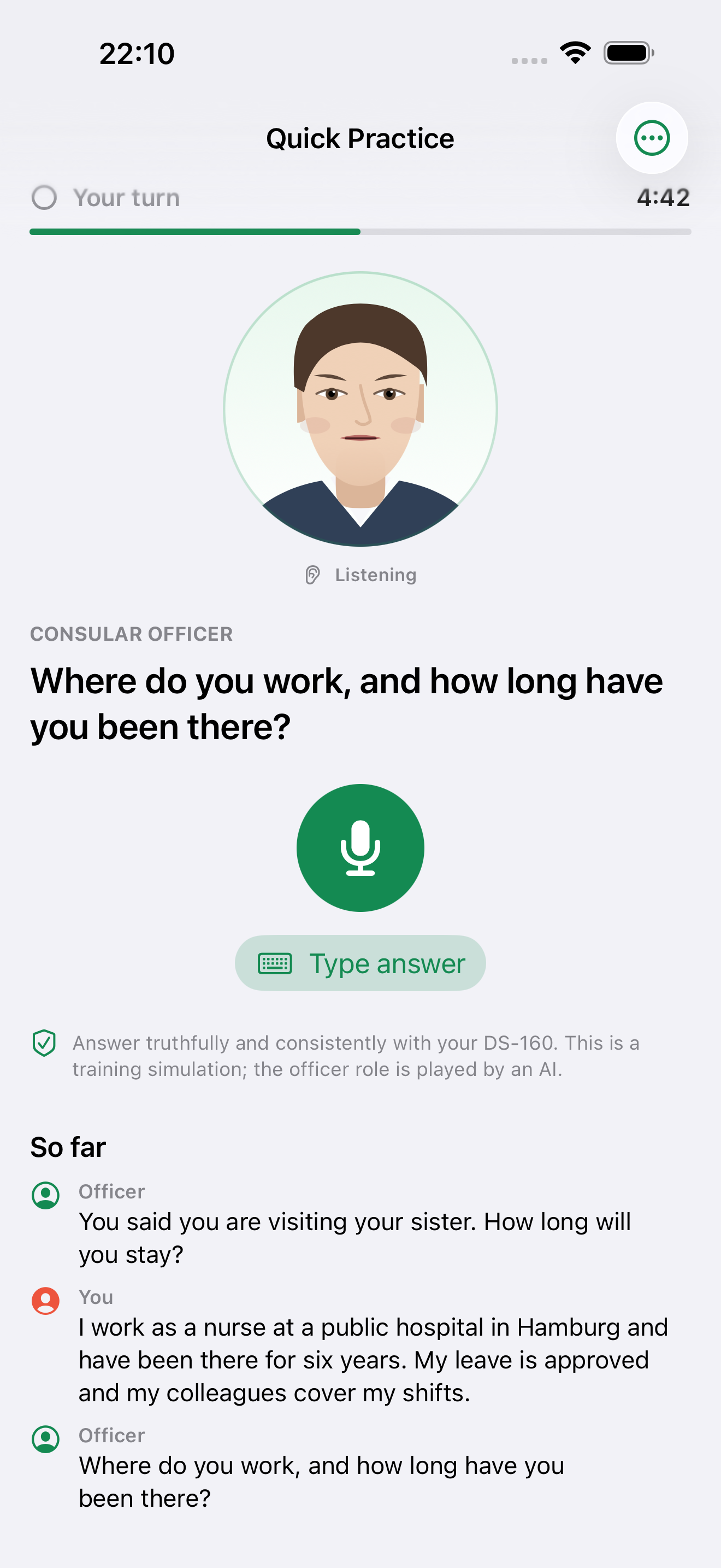 Simulated visa interview in progress